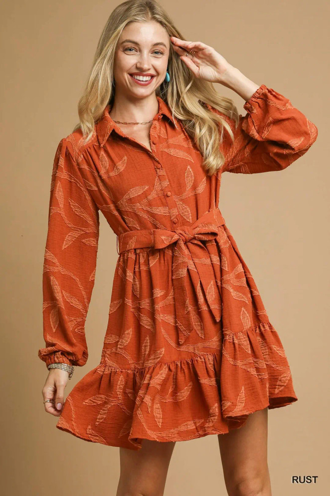 Umgee Jacquard Dress with Tie Waist - Rust Umgee Jacquard Dress with Tie Waist - Rust