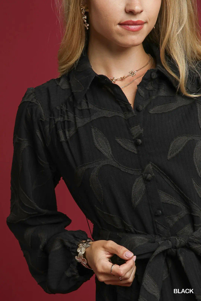 Umgee Jacquard Dress with Tie Waist - Black Umgee Jacquard Dress with Tie Waist - Black