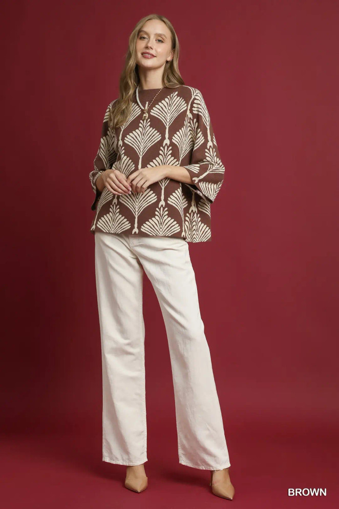 Umgee Women's Abstract Print Pullover Sweater - Brown Umgee Women's Abstract Print Pullover Sweater - Brown