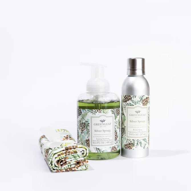 Greenleaf Silver Spruce Foaming Hand Soap, Non-Aerosol Room Spray, and Tea Towel Gift Set