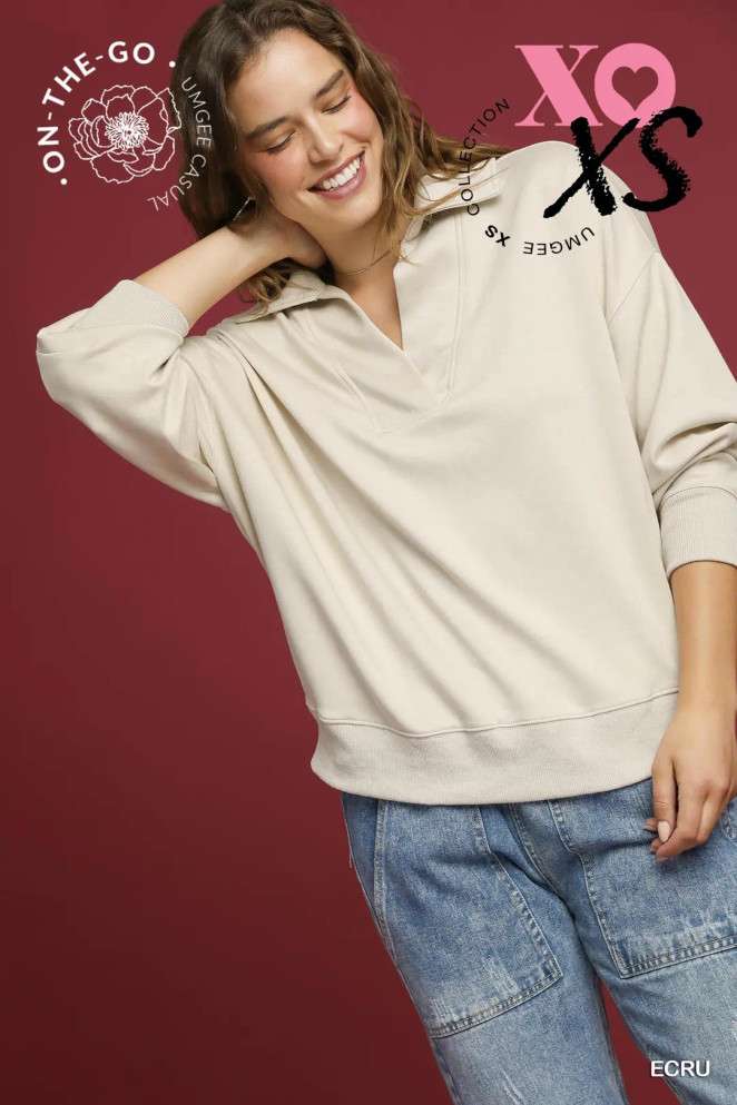 Umgee Women's Luxeknit V-Neck Pullover Sweatshirt - Ecru Umgee Women's Luxeknit V-Neck Pullover Sweatshirt - Ecru