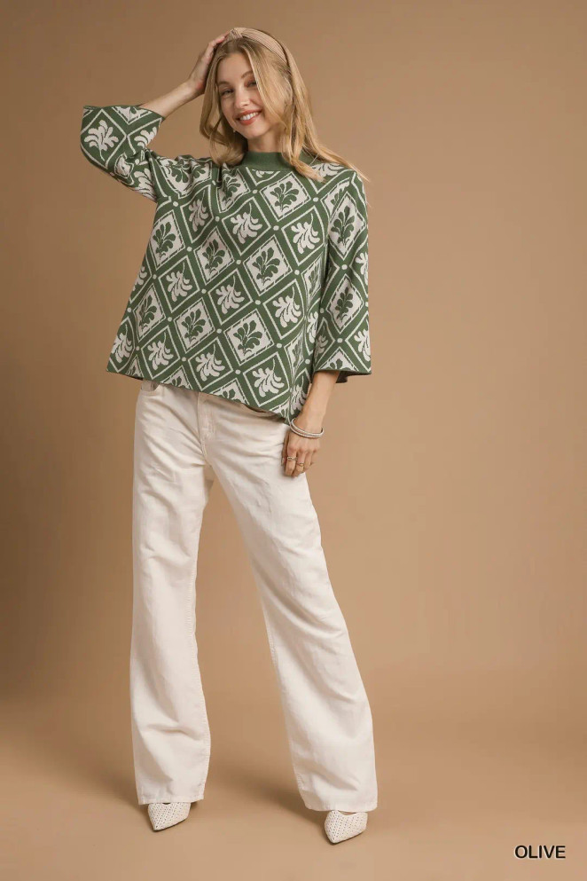 Umgee Women's Abstract Print Mock Neck Sweater - Olive Umgee Women's Abstract Print Mock Neck Sweater - Olive