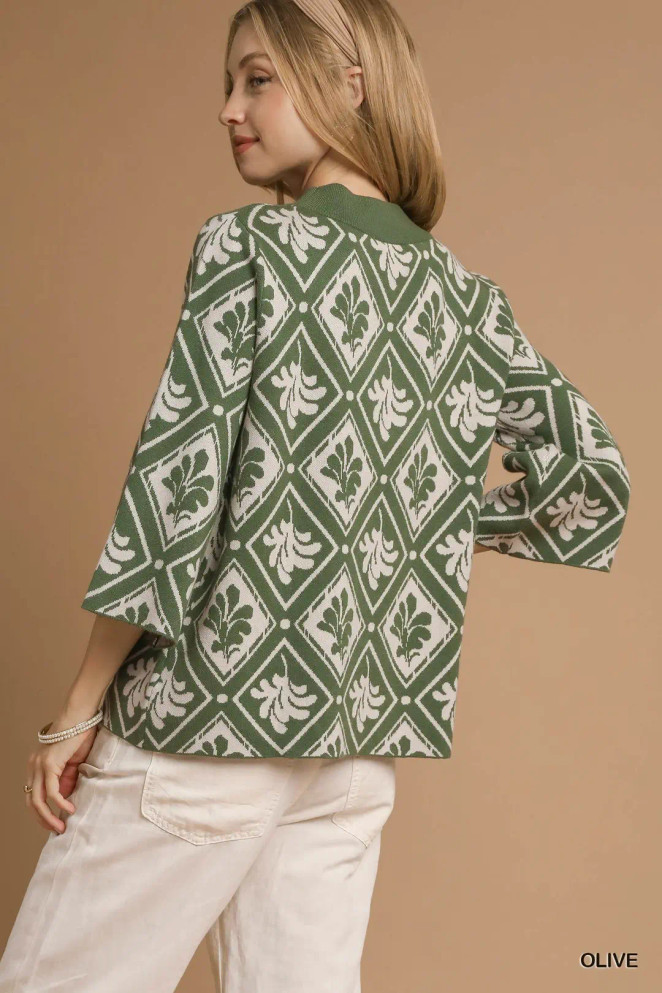 Umgee Women's Abstract Print Mock Neck Sweater - Olive Umgee Women's Abstract Print Mock Neck Sweater - Olive