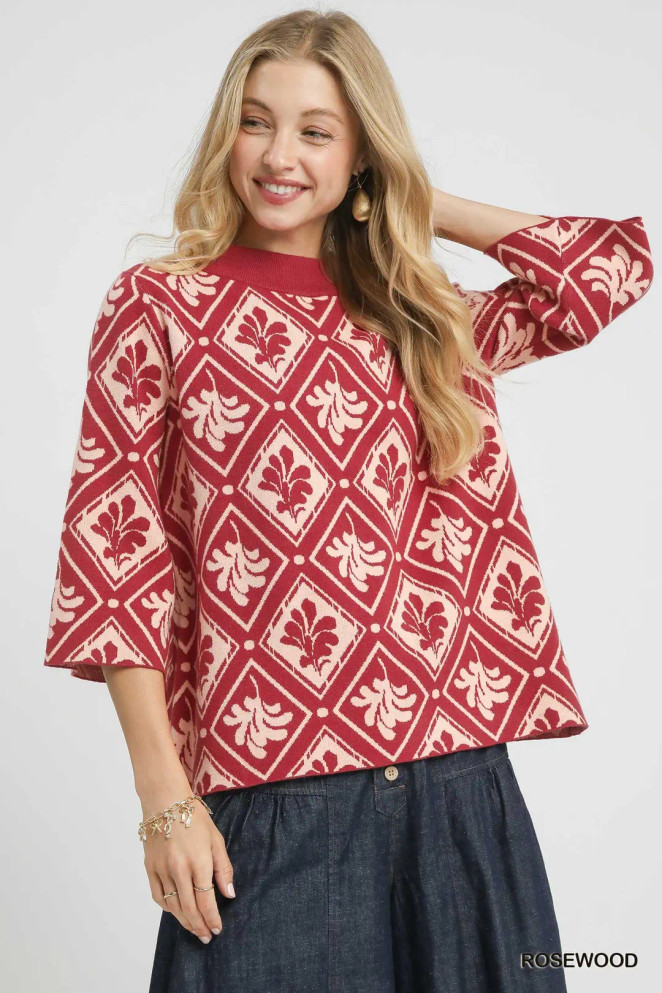 Umgee Women's Abstract Print Mock Neck Sweater - Rosewood Umgee Women's Abstract Print Mock Neck Sweater - Rosewood