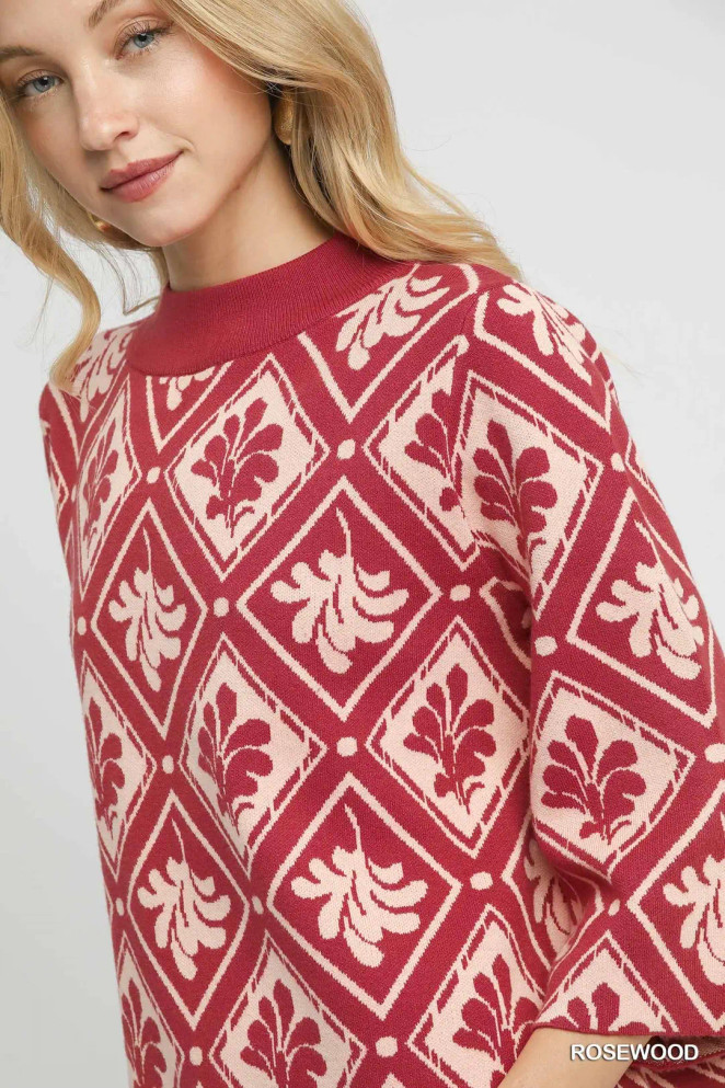 Umgee Women's Abstract Print Mock Neck Sweater - Rosewood Umgee Women's Abstract Print Mock Neck Sweater - Rosewood