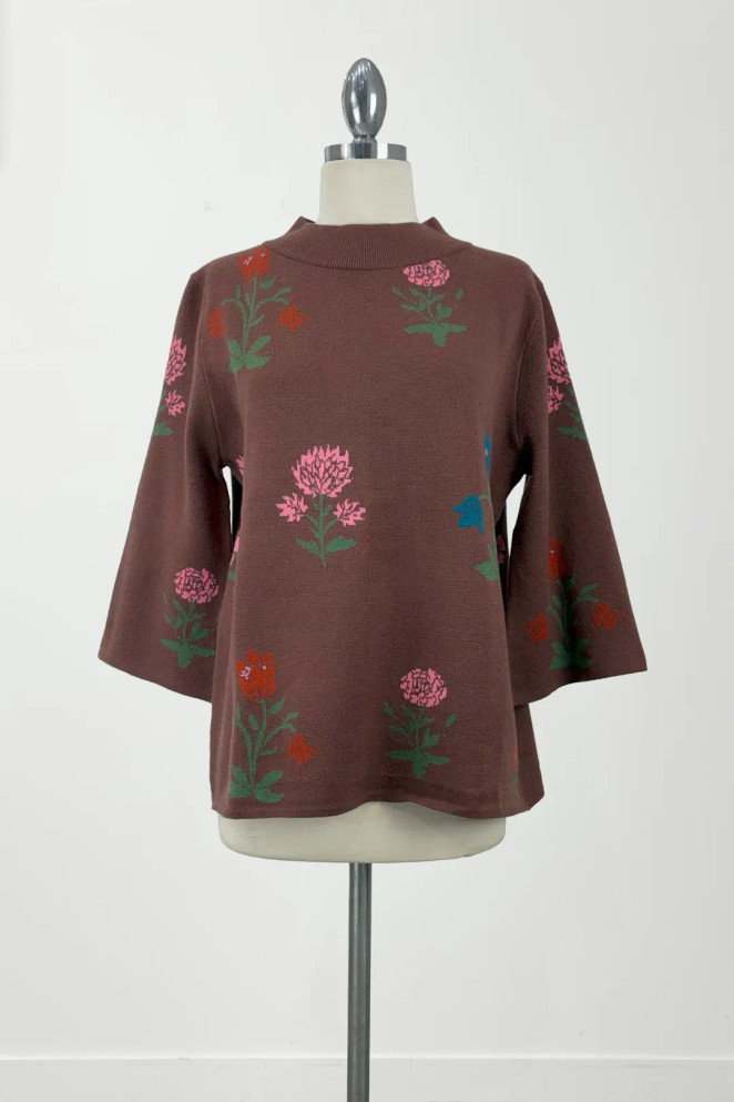Umgee Brown Floral Knit Sweater Top with Wide Sleeves Umgee Brown Floral Knit Sweater Top with Wide Sleeves