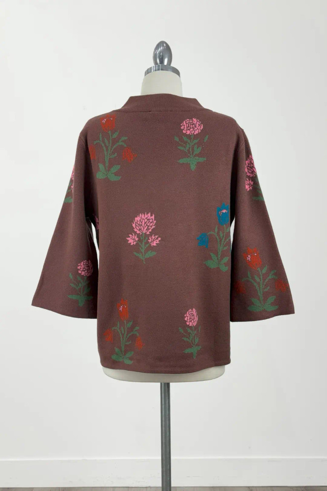 Umgee Brown Floral Knit Sweater Top with Wide Sleeves Umgee Brown Floral Knit Sweater Top with Wide Sleeves