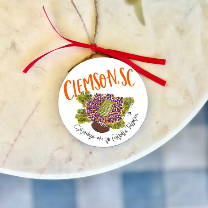 Happy By Rachel Clemson, Sc College Town Christmas Ornament Happy By Rachel Clemson, Sc College Town Christmas Ornament