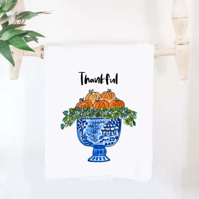 Happy By Rachel Fall Pumpkin Thankful Topiary Tea Towel
