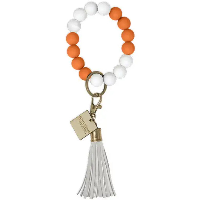Southern Couture Silicone Beaded Bracelet Key Chain- Orange/White