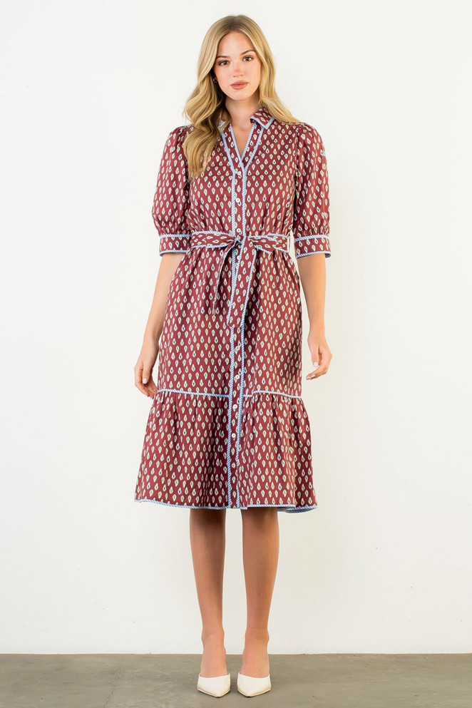 THML Women's Burgundy Puff Sleeve Midi Dress THML Women's Burgundy Puff Sleeve Midi Dress