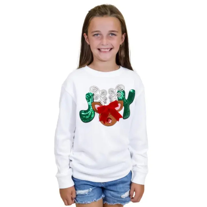 Jane Marie Kids Joy Reindeer White Crew Neck Sweatshirt Jane Marie Kids Joy Reindeer White Crew Neck Sweatshirt
