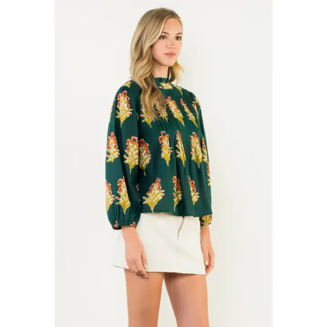 THML Women's Green Long Sleeve Floral Detail Top