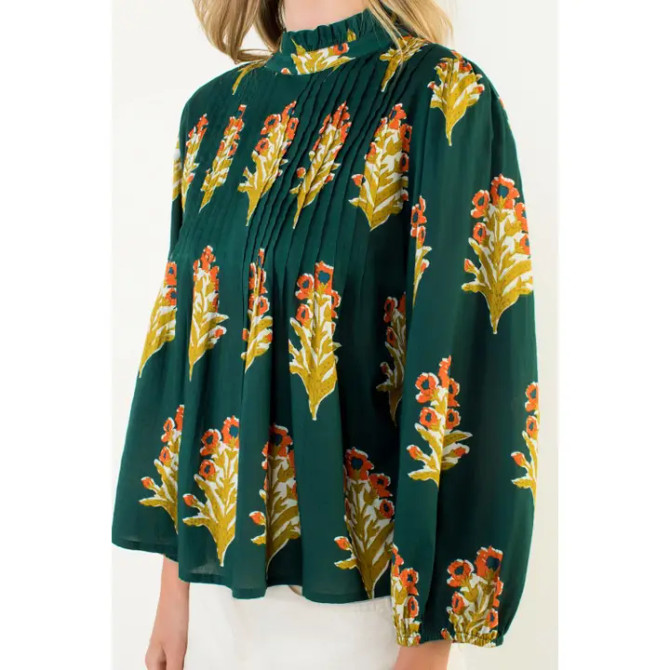 THML Women's Green Long Sleeve Floral Detail Top