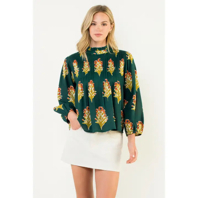THML Women's Green Long Sleeve Floral Detail Top