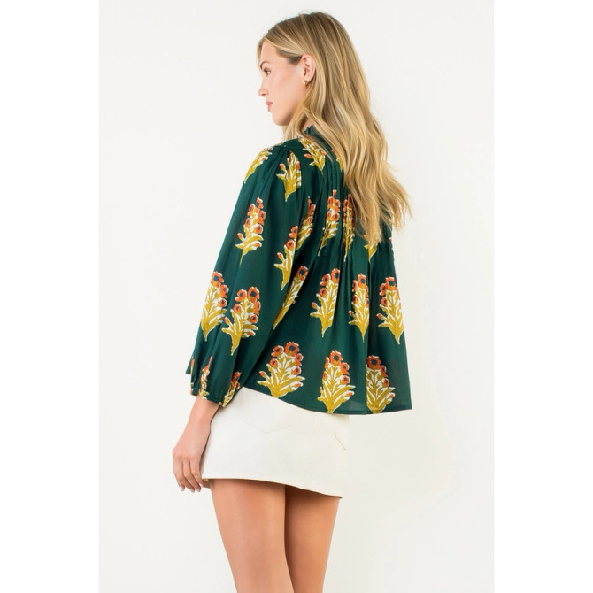 THML Women's Green Long Sleeve Floral Detail Top