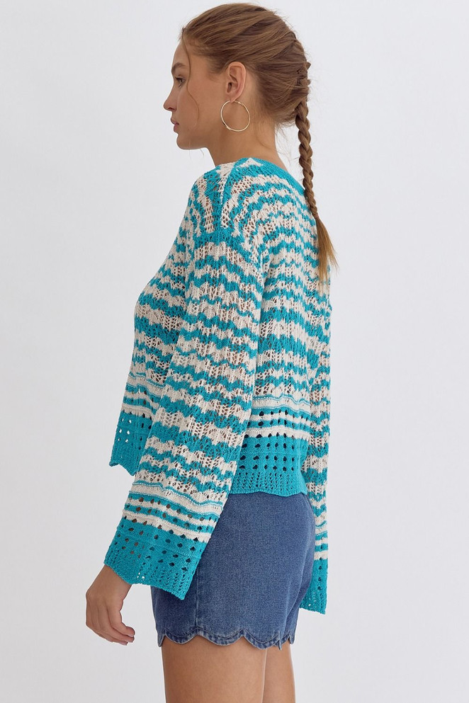 Entro Women's Aqua Long Sleeve Crochet Knit Top