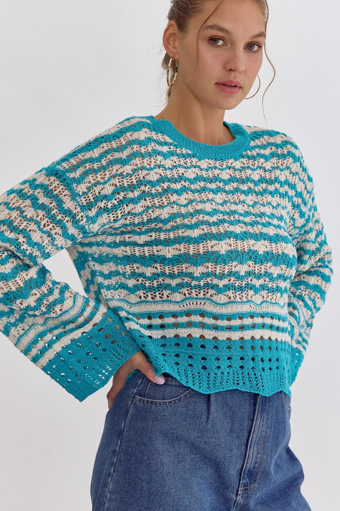 Entro Women's Aqua Long Sleeve Crochet Knit Top