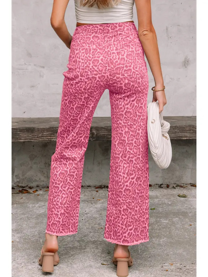 66Disco Women's Western Leopard Love Wide Leg High Waist Jeans - Pink