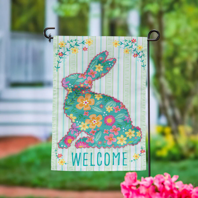 Evergreen Floral Patterned Bunny Applique Garden Flag
