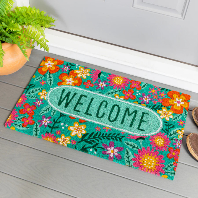Evergreen Floral Patterned Bunny Floral Coir Mat