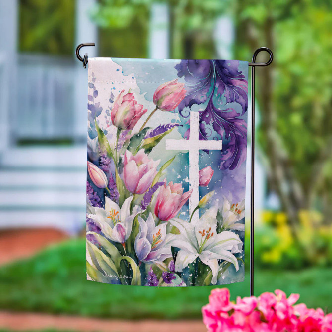 Evergreen Tulip & Easter Lily Cross Suede Garden Flag