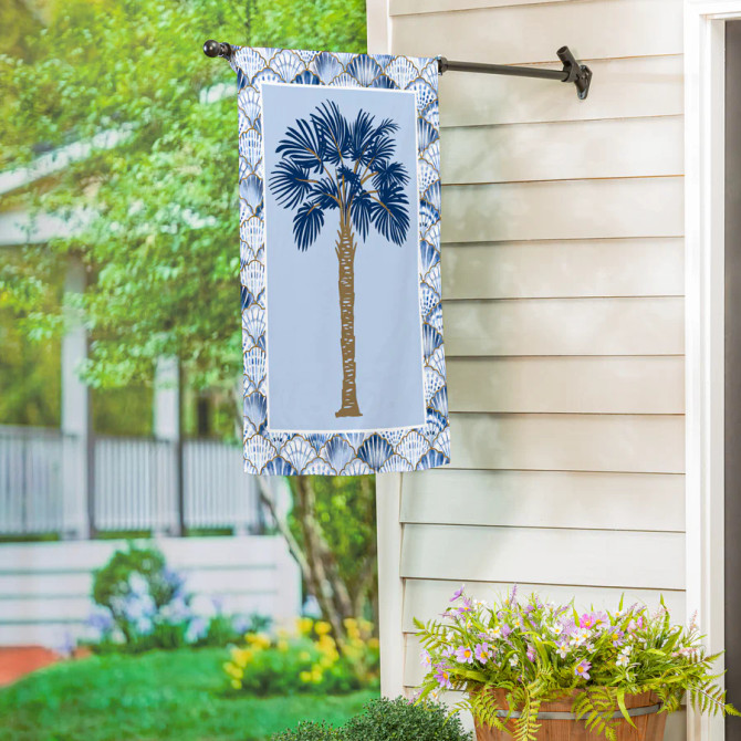 Evergreen Blue Coastal Palm Trees Double Sided Suede House Flag