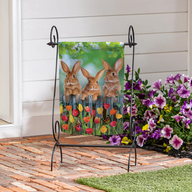 Evergreen Whimsy Bunny Trio Suede Garden Flag