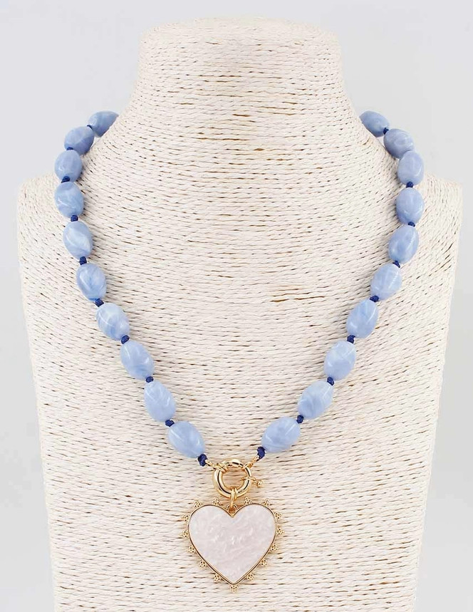What's Hot Blue Beaded with Pearlized Heart Necklace