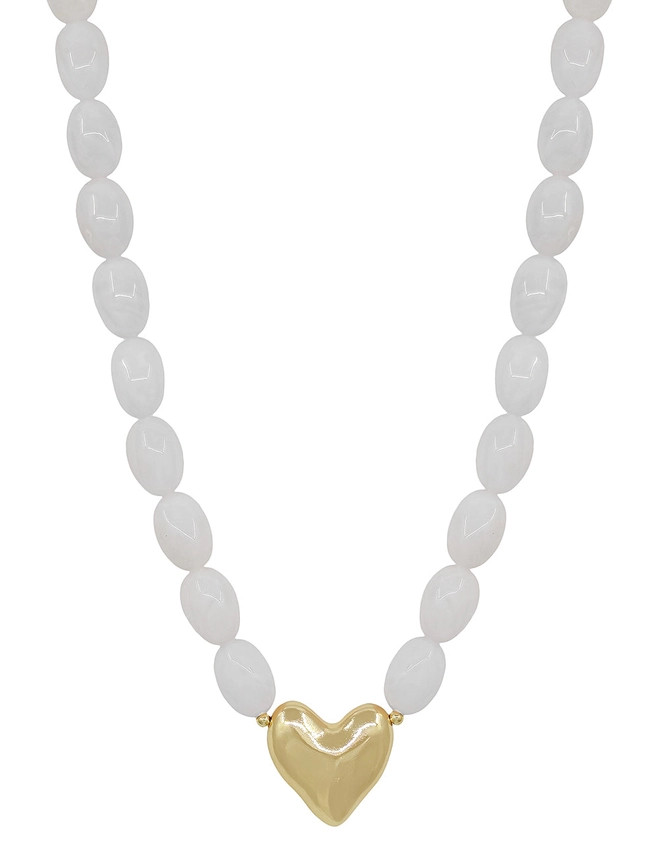 What's Hot White Acrylic Oval Beaded with Gold Heart Necklace