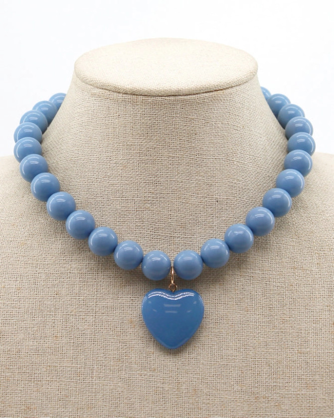 What's Hot Blue Acrylic Beaded with Pink Stone Heart Charm Necklace