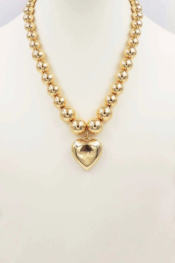 What's Hot Graduated Gold Beaded with Puffy Heart Necklace