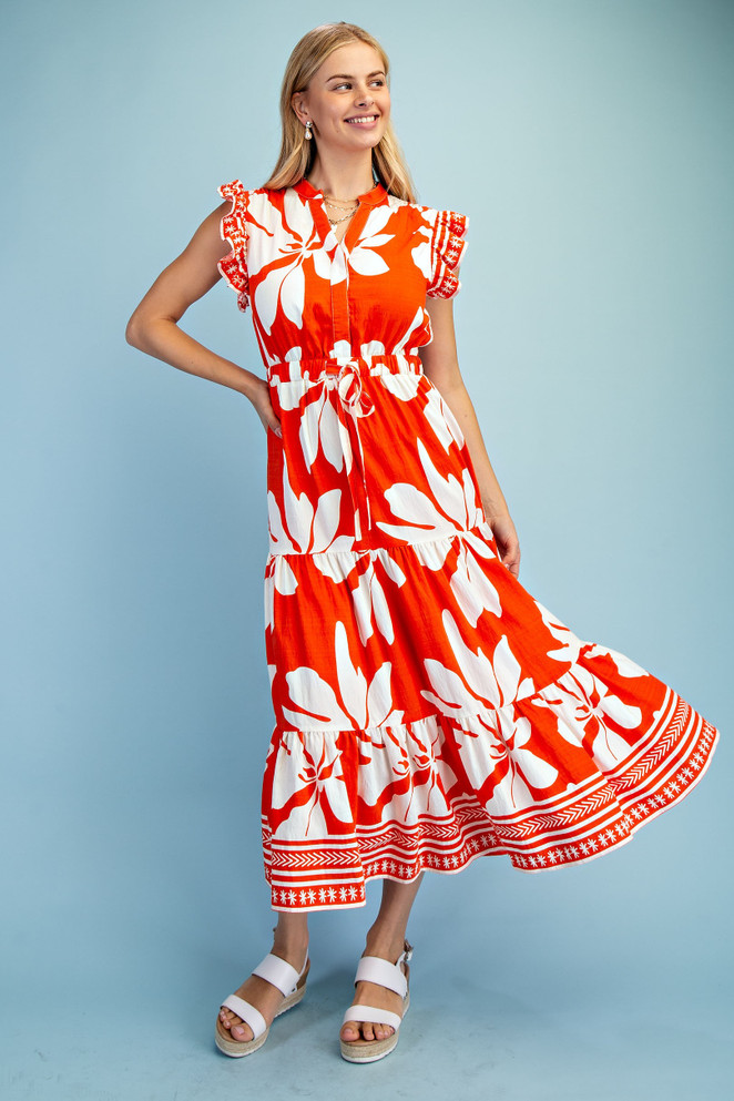 GiGiO Women's Orange Floral Tiered Midi Dress