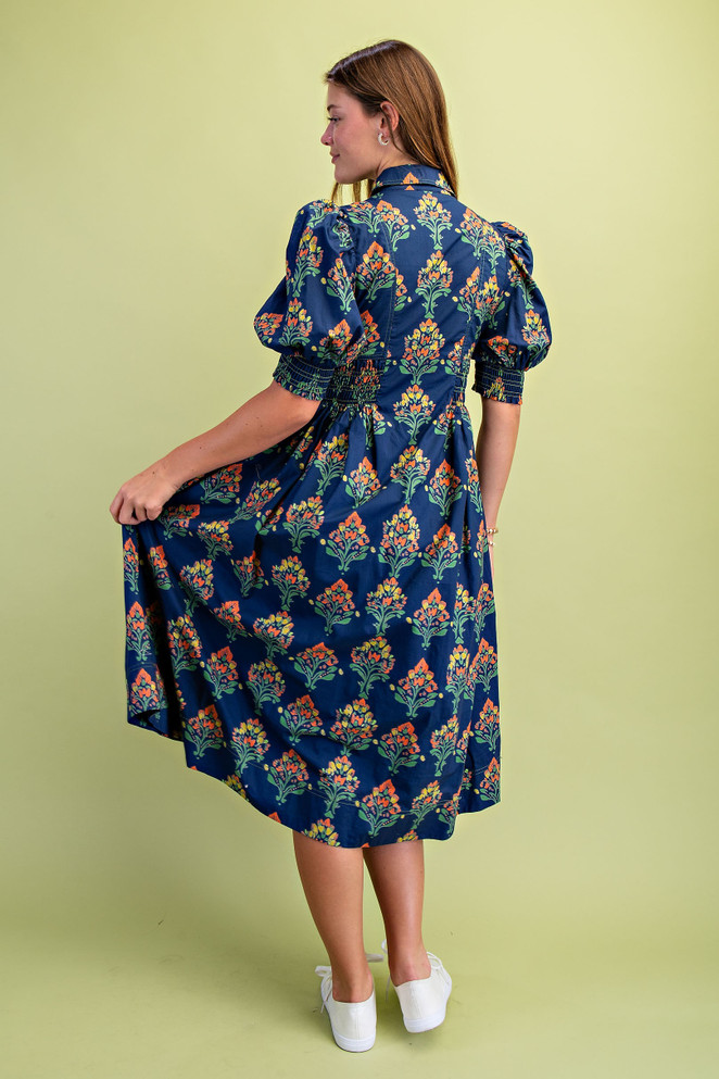 GiGiO Women's Navy Floral Print Puff Sleeve Midi Shirt Dress