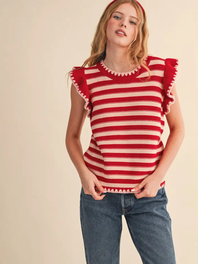 &merci Women's Striped Flutter Sleeve Sweater Top - Red/Peach