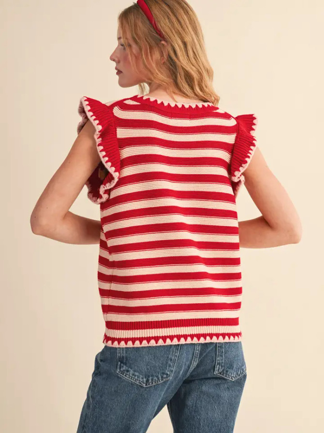 &merci Women's Striped Flutter Sleeve Sweater Top - Red/Peach