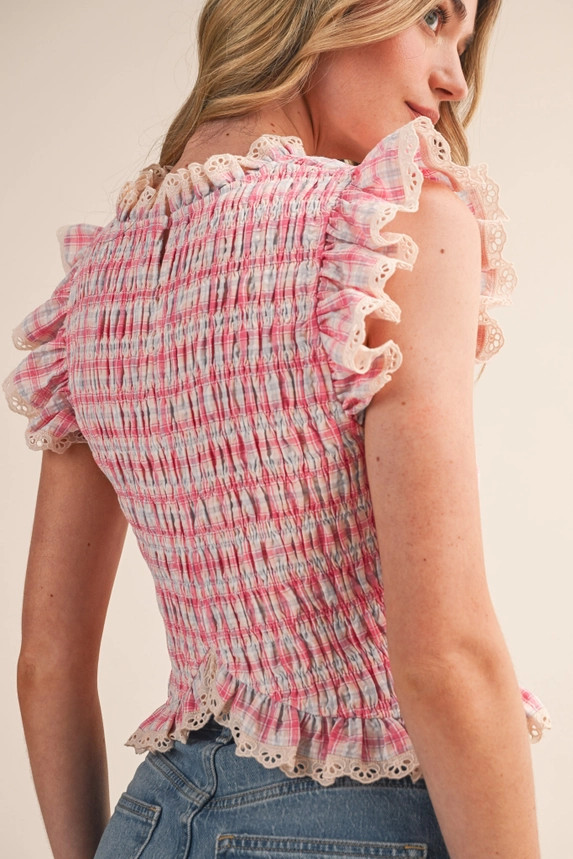 &merci Women's Plaid Smocked Lace Trim Top - Pink