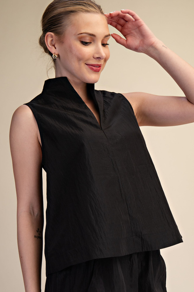 Glam Black Stand Collar Slit V-neck Sleeveless Top