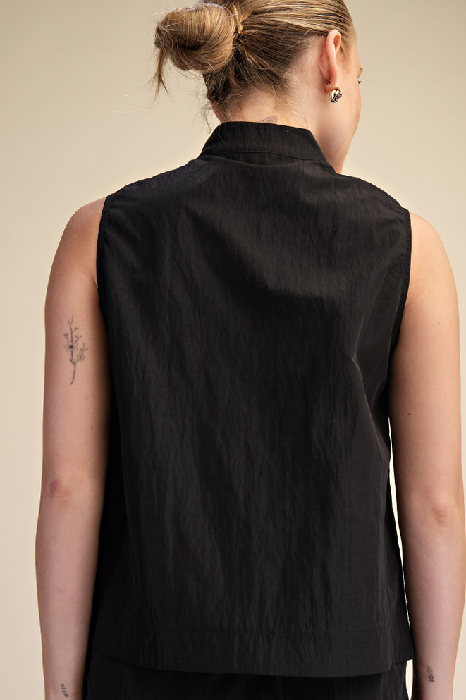 Glam Black Stand Collar Slit V-neck Sleeveless Top