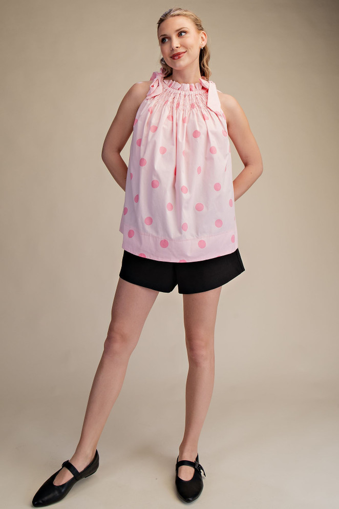 Glam Tie Strap Smocked Polka Dot Top