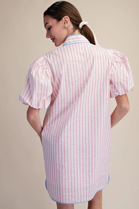 Glam Women's Stripe Puff Sleeve Mini Dress - Pink
