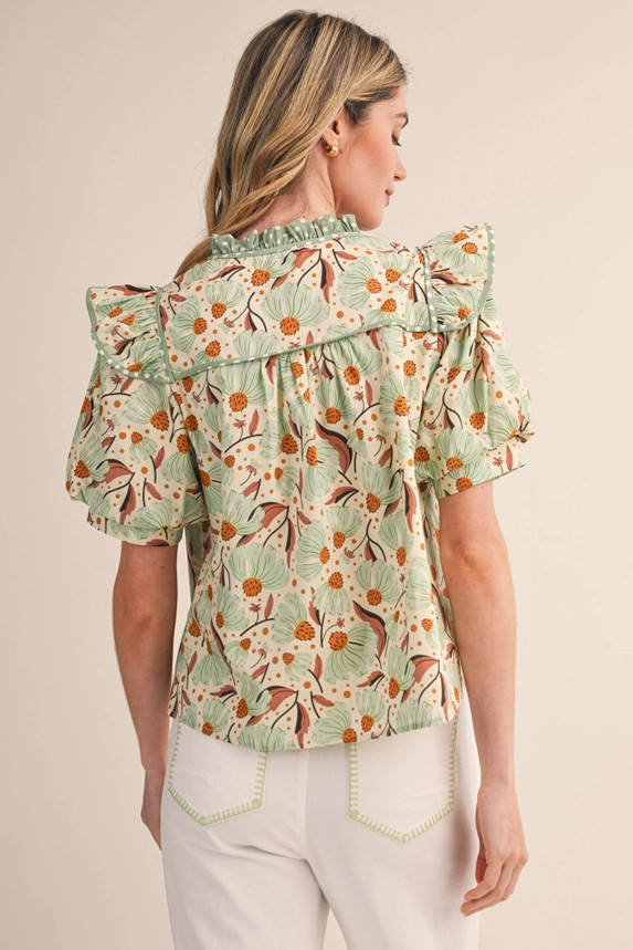 &merci Women's Floral Puff Sleeve Top - Mint Custard Floral