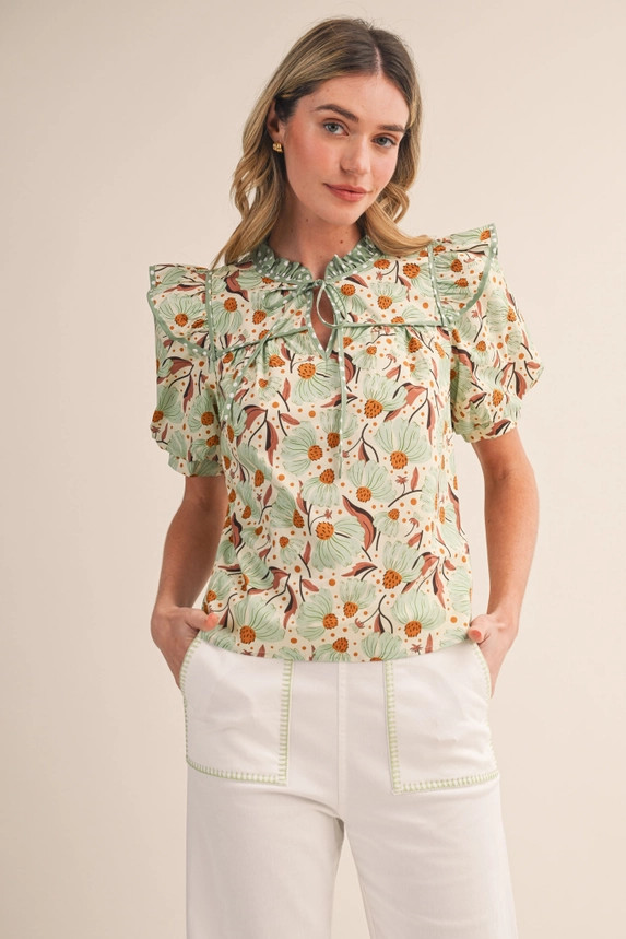 &merci Women's Floral Puff Sleeve Top - Mint Custard Floral