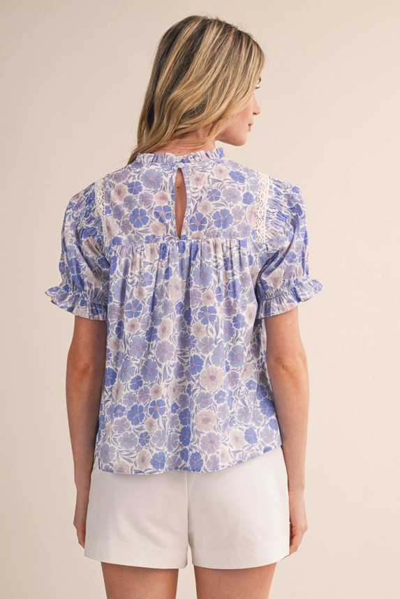 &merci Women's Floral Print Shirred Yoke with Lace Trim Top - Ivory Lilacs Floral
