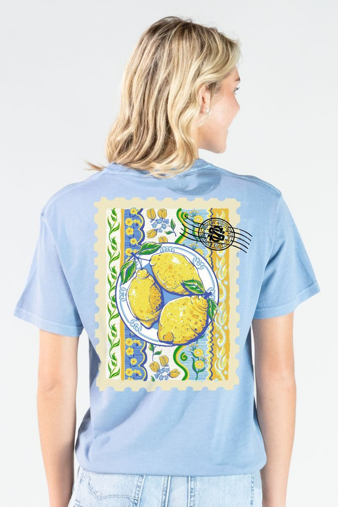 Simply Southern Women's Mineral Wash Lemon Tee - Faded Blue