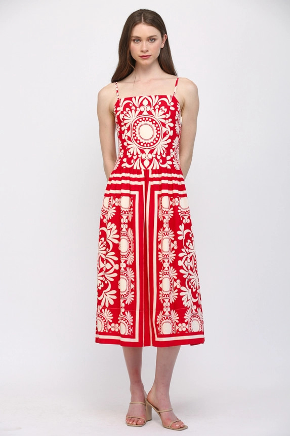 Fate Women's Red Sleeveless Gathered Waist Midi Dress