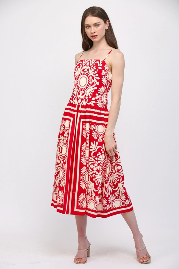 Fate Women's Red Sleeveless Gathered Waist Midi Dress