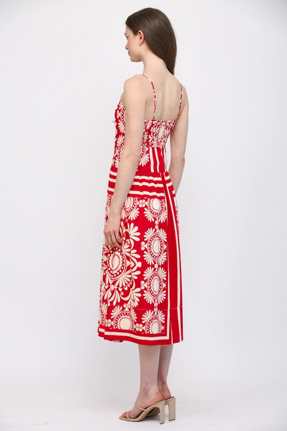 Fate Women's Red Sleeveless Gathered Waist Midi Dress