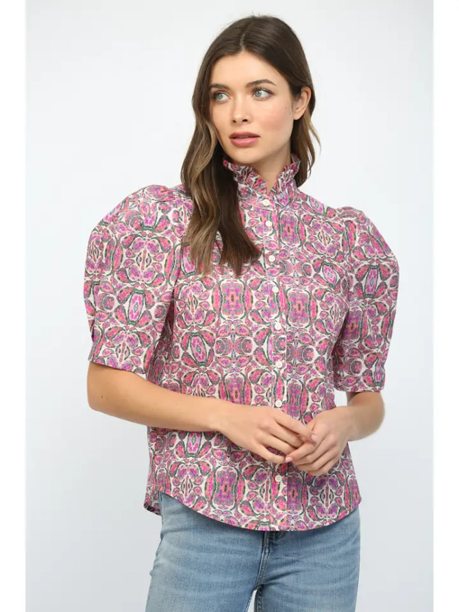 Fate Women's Pink Puff Short Sleeves Ruffle Neck Button Down Top