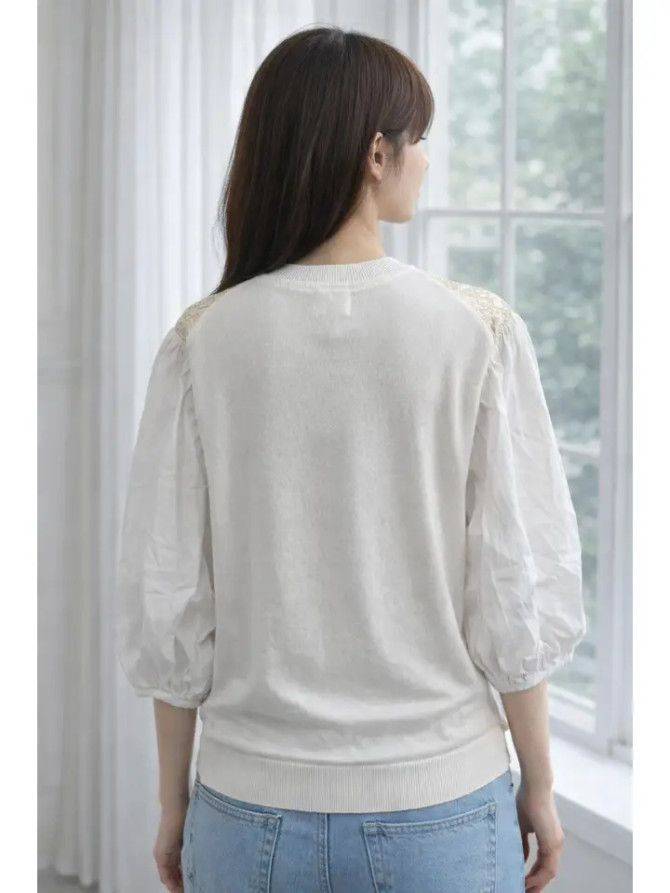 Fate Women's Lace Embroidered Puff Sleeve Top - Ivory